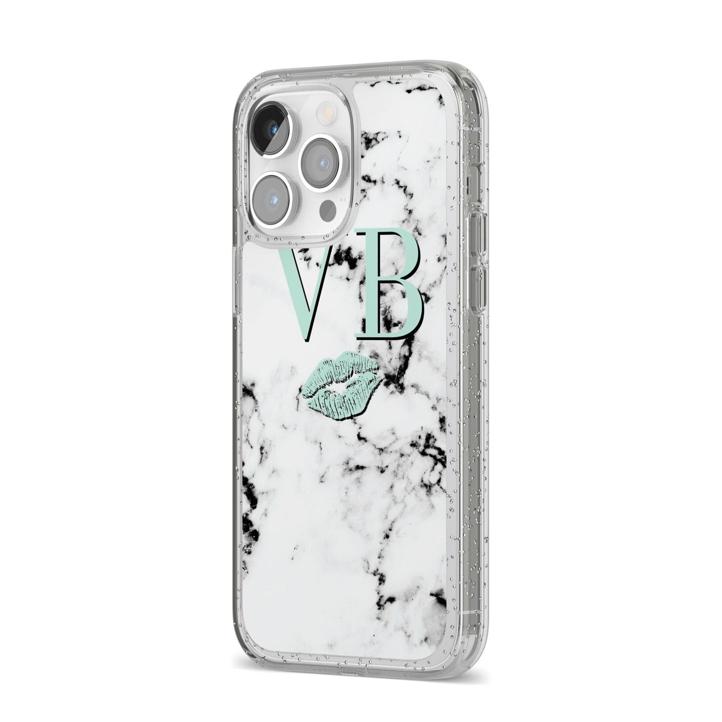 Personalised Mint Lips Initials Marble iPhone 14 Pro Max Glitter Tough Case Silver Angled Image