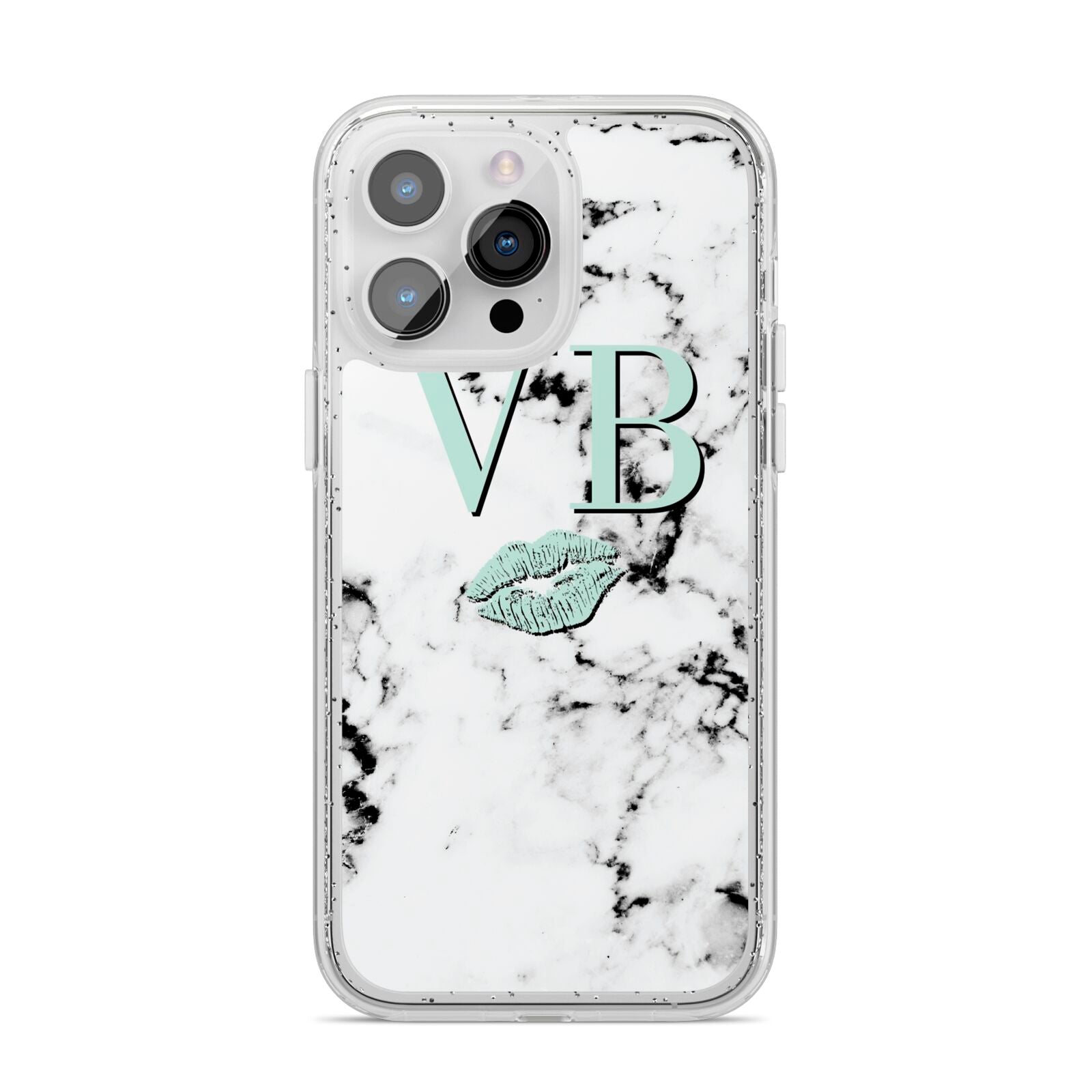 Personalised Mint Lips Initials Marble iPhone 14 Pro Max Glitter Tough Case Silver