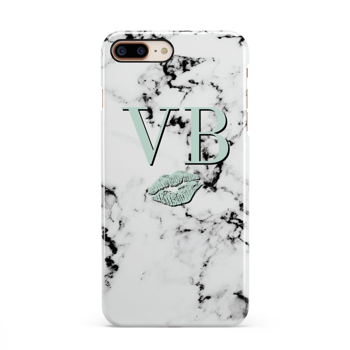 Personalised Mint Lips Initials Marble iPhone 8 Plus 3D Snap Case on Gold Phone