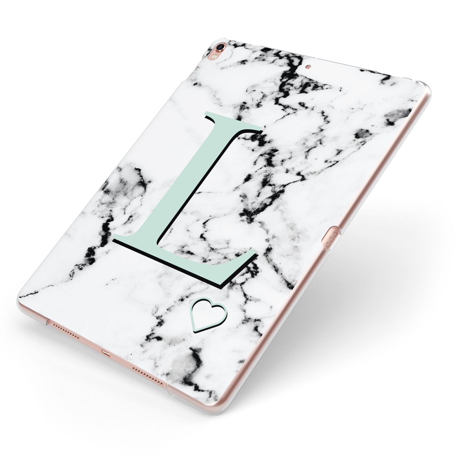 Personalised Mint Monogram Marble Heart Apple iPad Case on Rose Gold iPad Side View