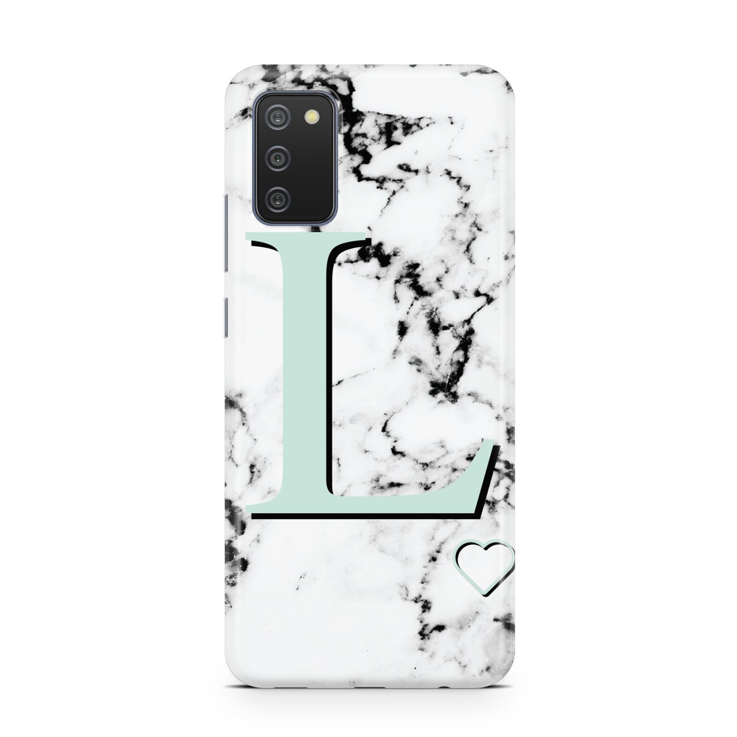 Personalised Mint Monogram Marble Heart Samsung A02s Case