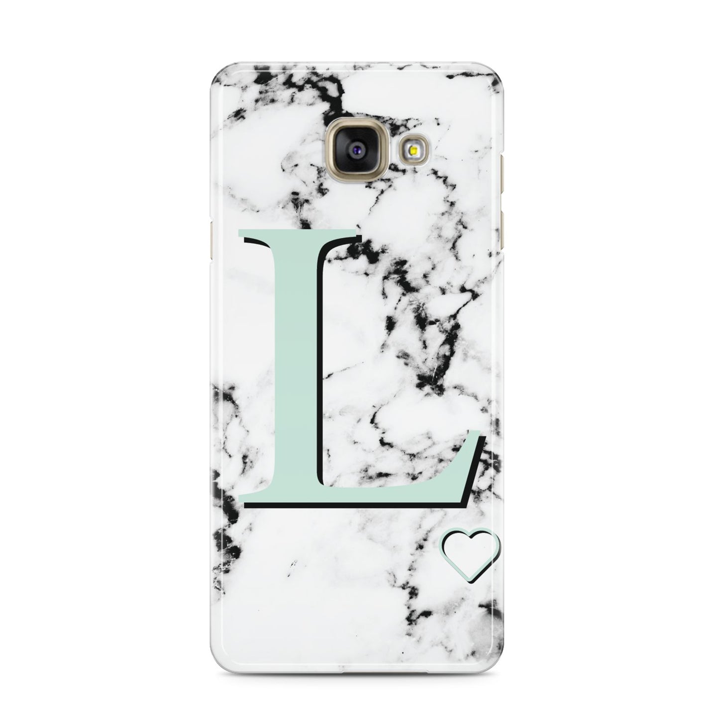 Personalised Mint Monogram Marble Heart Samsung Galaxy A3 2016 Case on gold phone