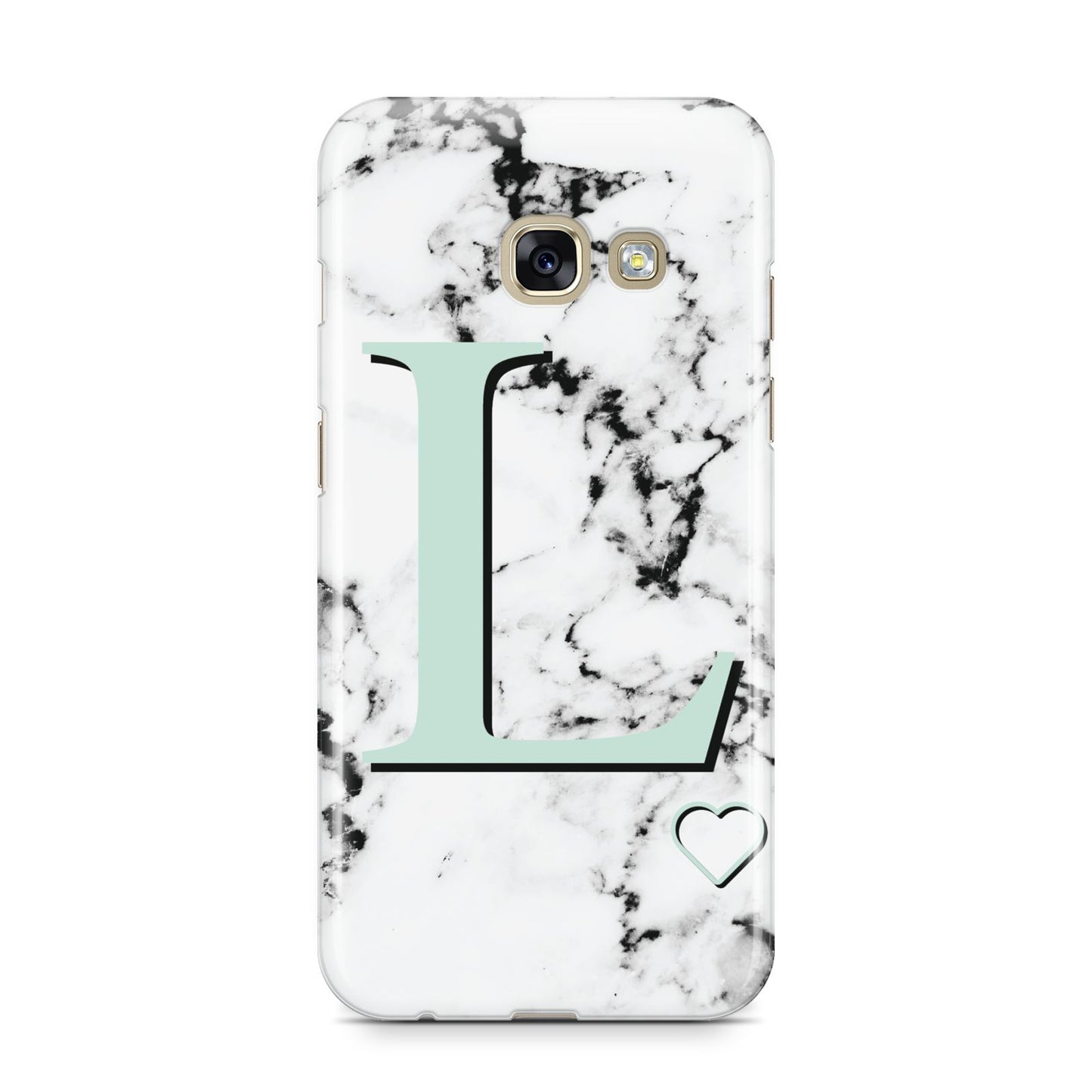 Personalised Mint Monogram Marble Heart Samsung Galaxy A3 2017 Case on gold phone