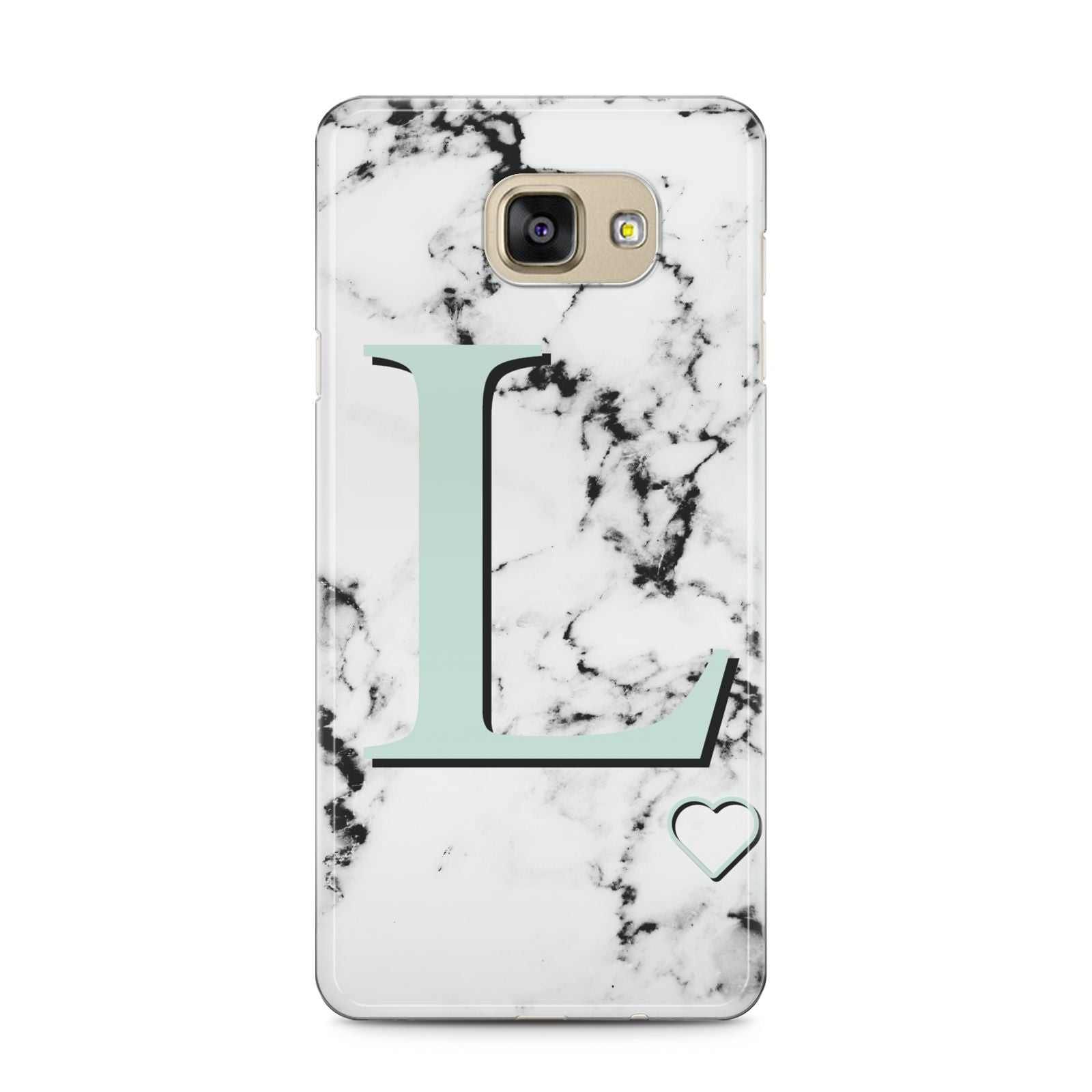 Personalised Mint Monogram Marble Heart Samsung Galaxy A5 2016 Case on gold phone