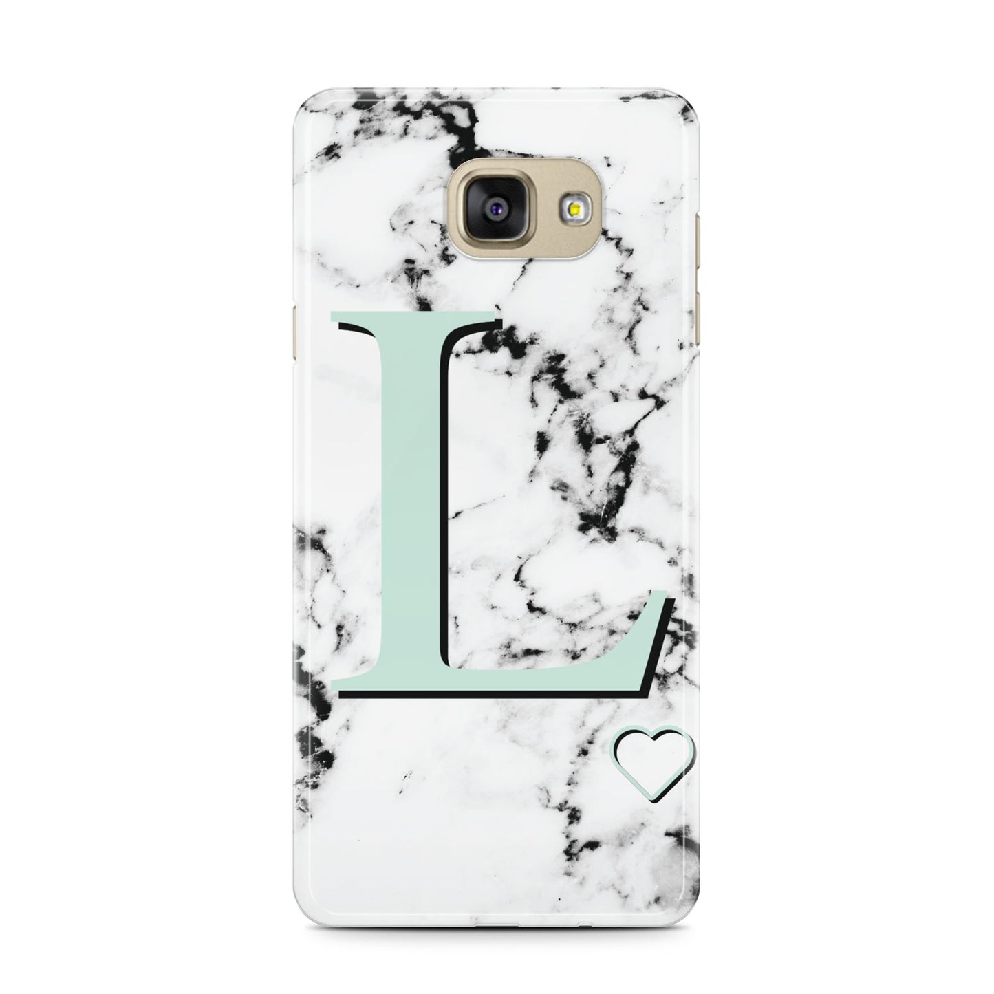 Personalised Mint Monogram Marble Heart Samsung Galaxy A7 2016 Case on gold phone