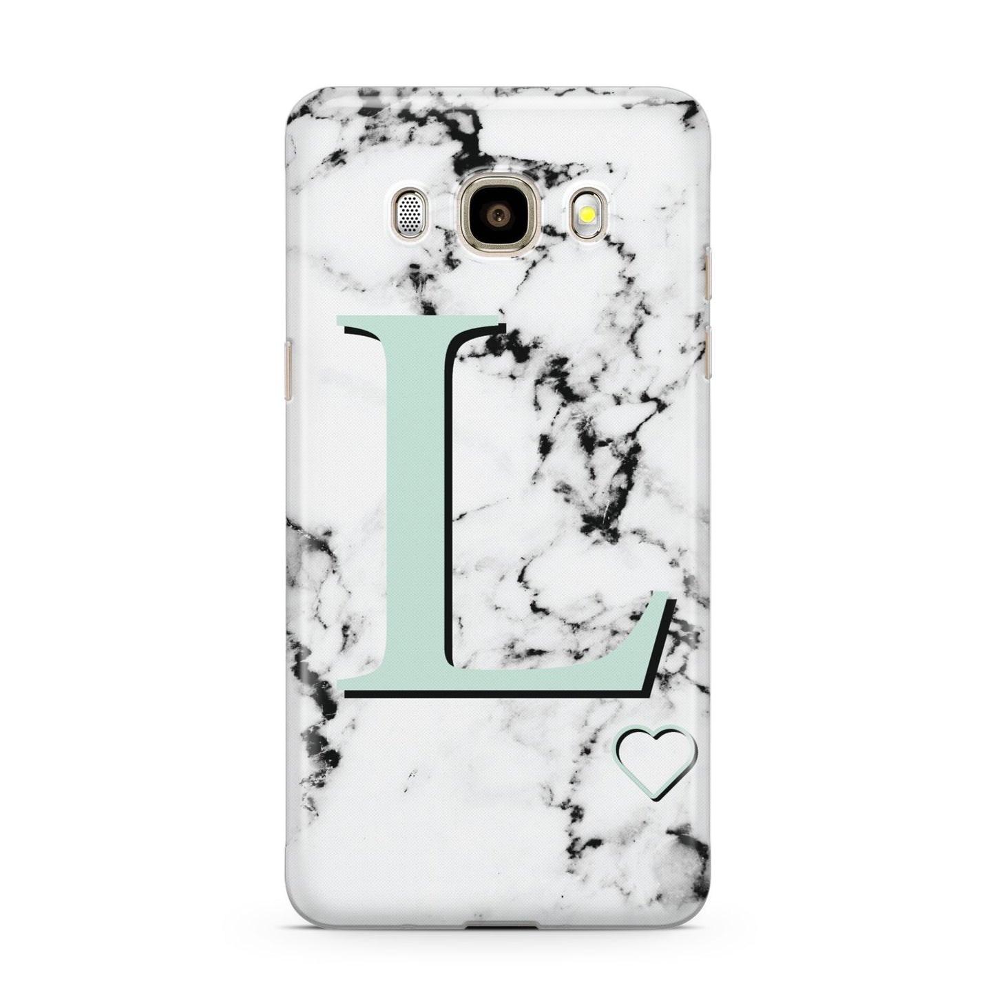 Personalised Mint Monogram Marble Heart Samsung Galaxy J7 2016 Case on gold phone