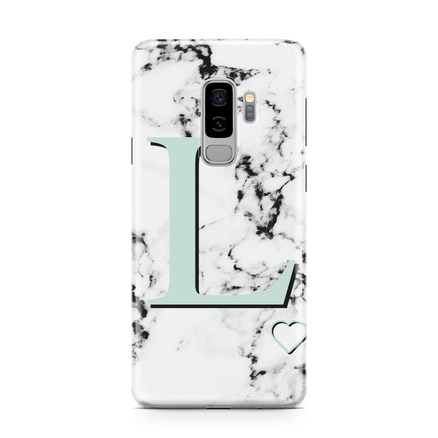 Personalised Mint Monogram Marble Heart Samsung Galaxy S9 Plus Case on Silver phone