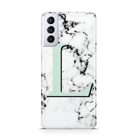 Personalised Mint Monogram Marble Heart Samsung S21 Plus Phone Case