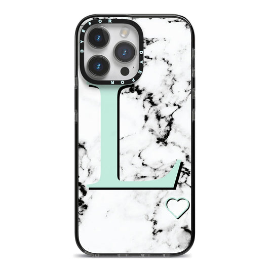 Personalised Mint Monogram Marble Heart iPhone 14 Pro Max Black Impact Case on Silver phone