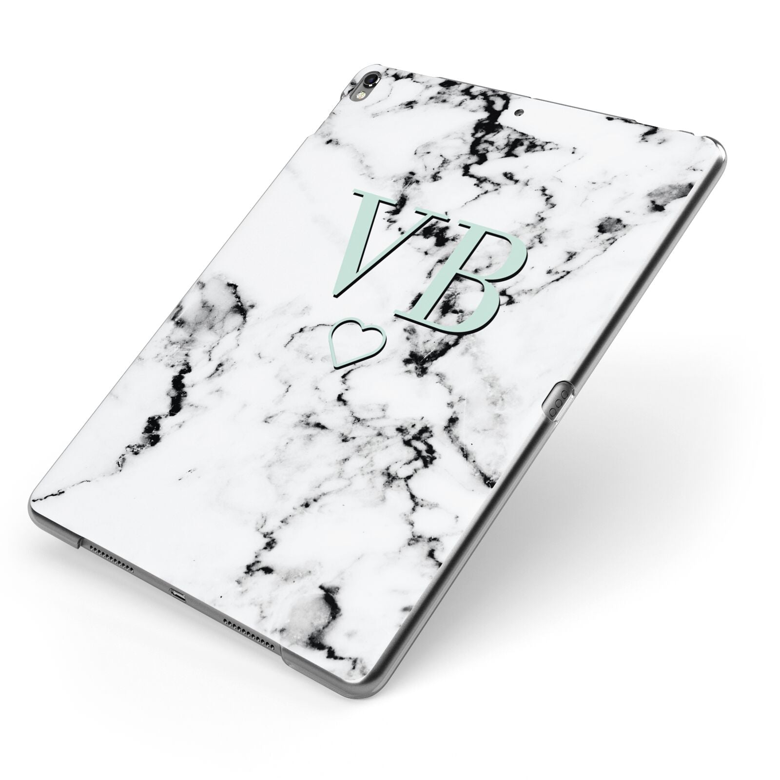 Personalised Mint Monogrammed Heart Marble Apple iPad Case on Grey iPad Side View