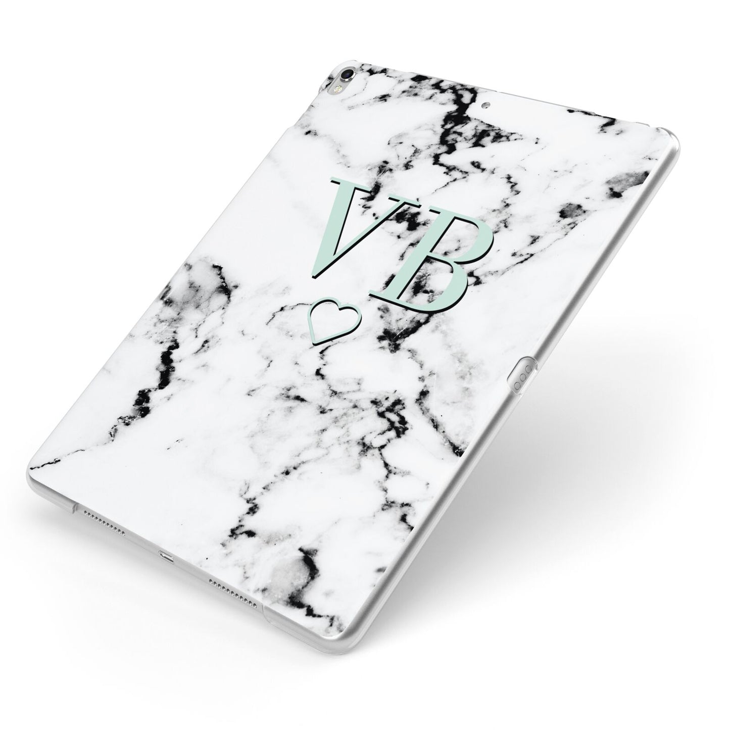 Personalised Mint Monogrammed Heart Marble Apple iPad Case on Silver iPad Side View