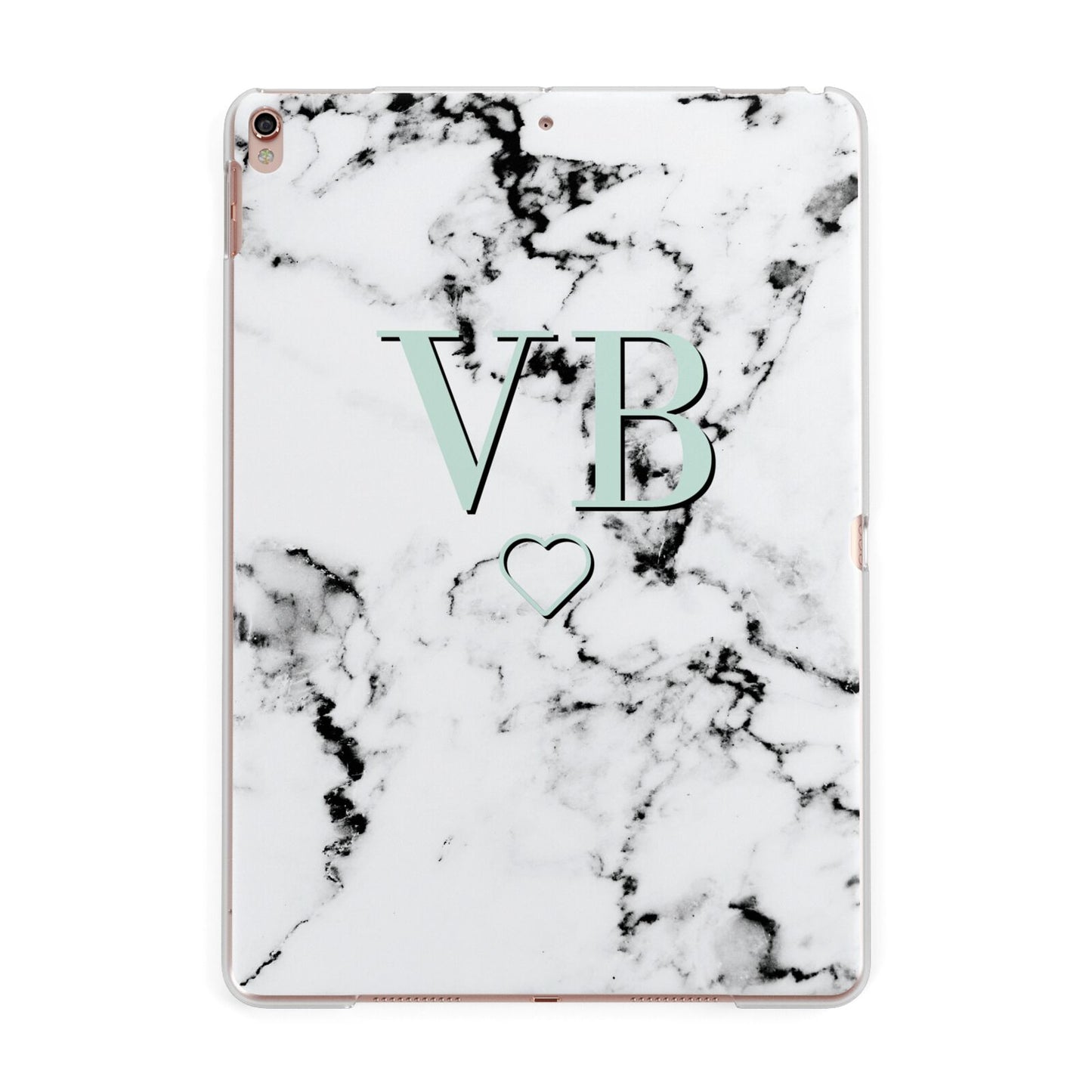 Personalised Mint Monogrammed Heart Marble Apple iPad Rose Gold Case