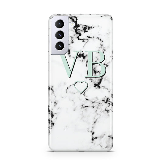 Personalised Mint Monogrammed Heart Marble Samsung S21 Plus Phone Case