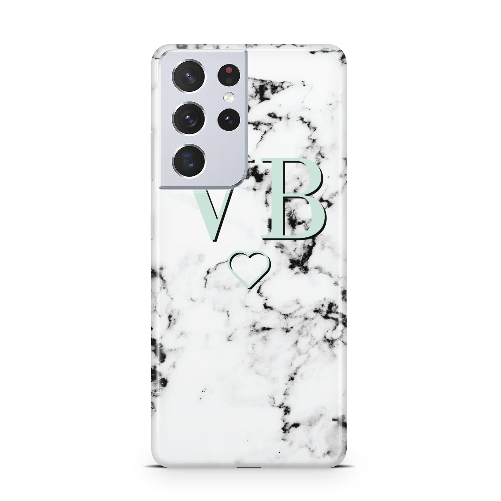 Personalised Mint Monogrammed Heart Marble Samsung S21 Ultra Case