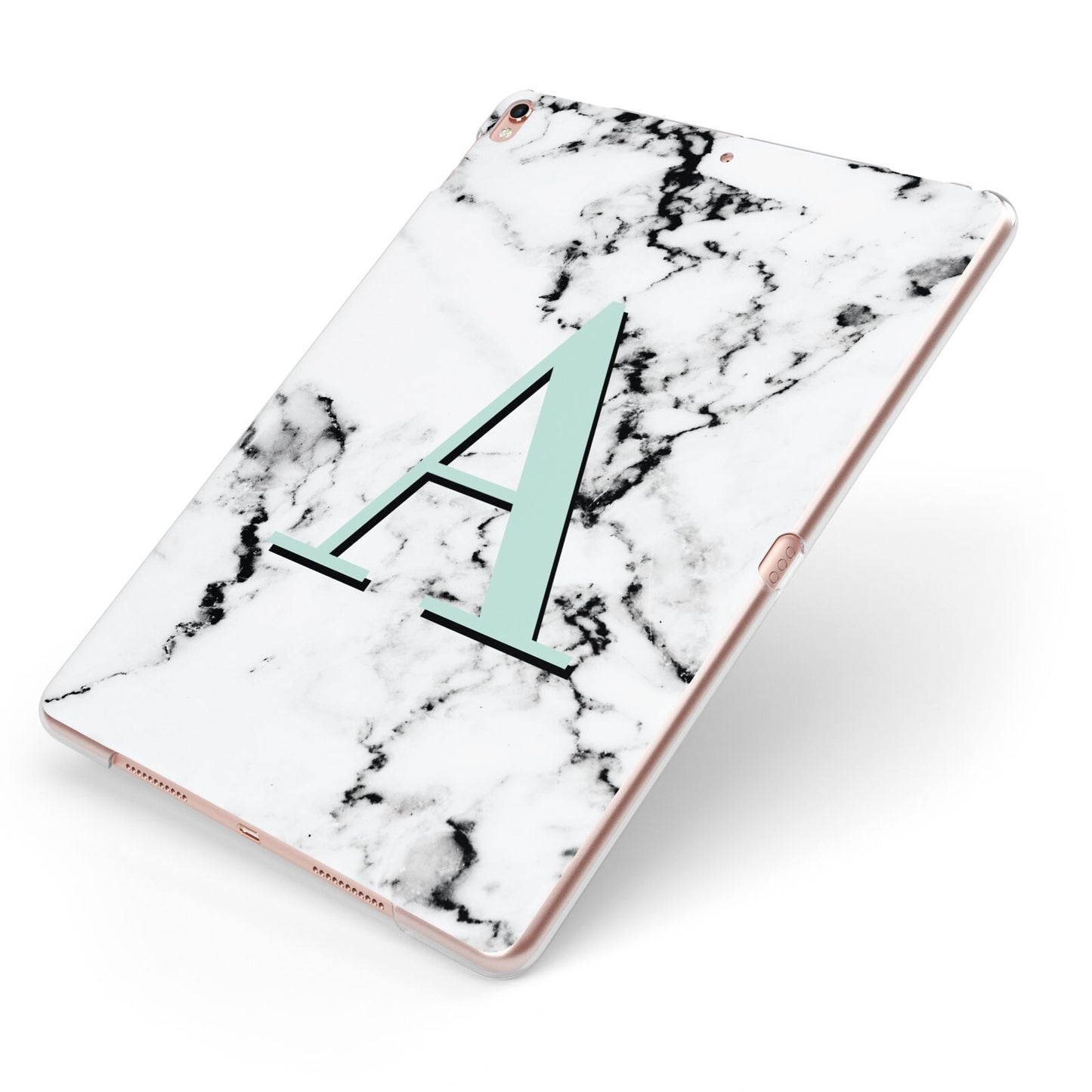 Personalised Mint Single Initial Marble Apple iPad Case on Rose Gold iPad Side View