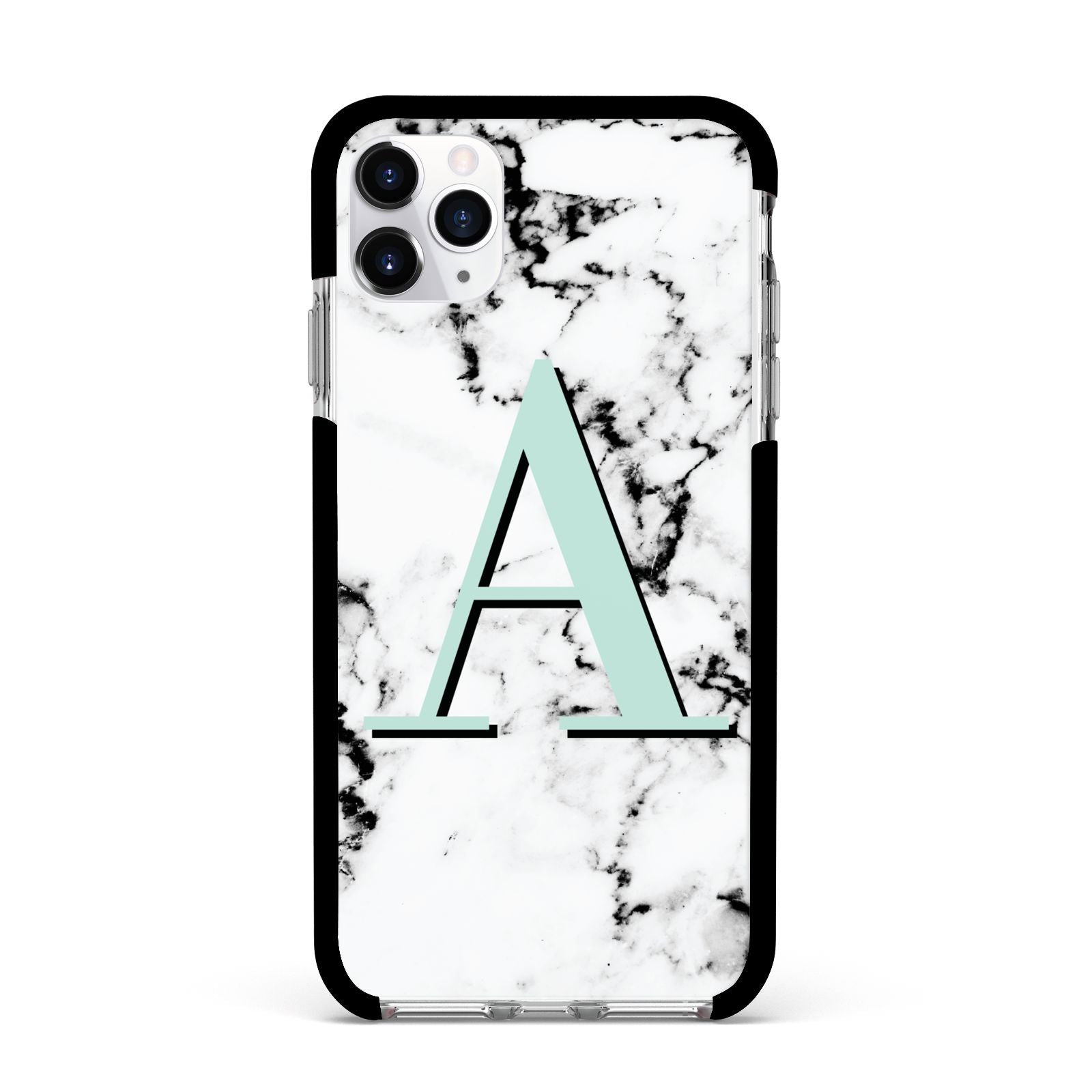 Personalised Mint Single Initial Marble Apple iPhone 11 Pro Max in Silver with Black Impact Case