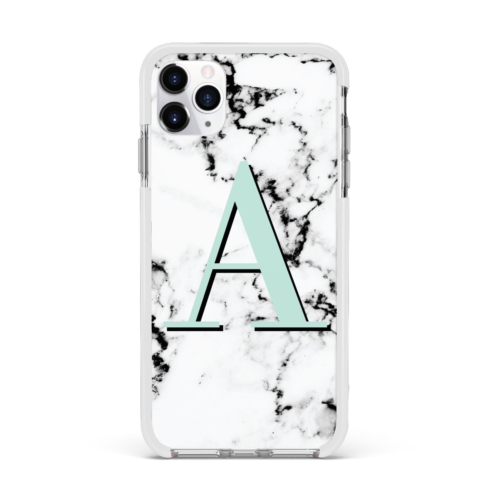 Personalised Mint Single Initial Marble Apple iPhone 11 Pro Max in Silver with White Impact Case