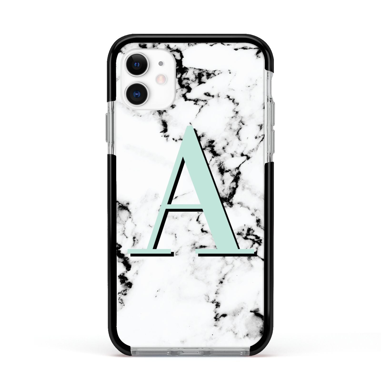 Personalised Mint Single Initial Marble Apple iPhone 11 in White with Black Impact Case