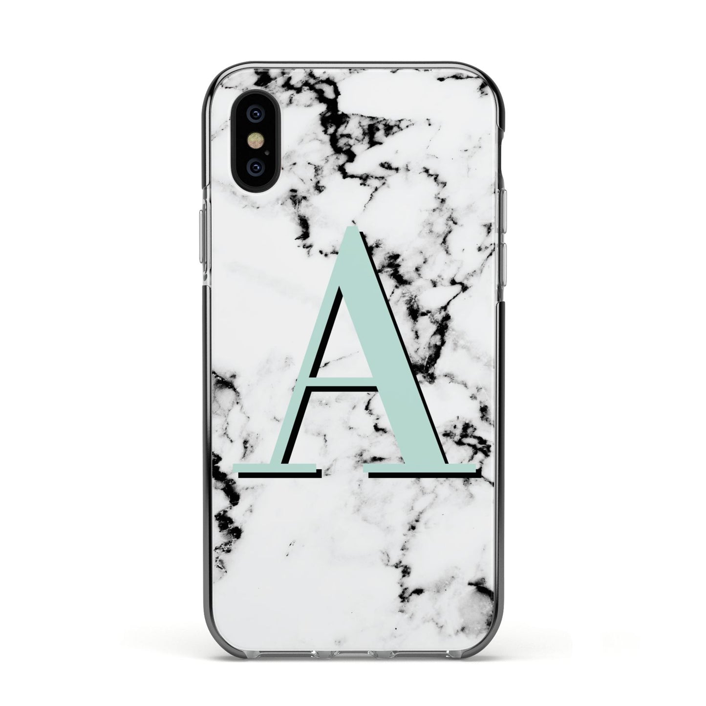 Personalised Mint Single Initial Marble Apple iPhone Xs Impact Case Black Edge on Black Phone