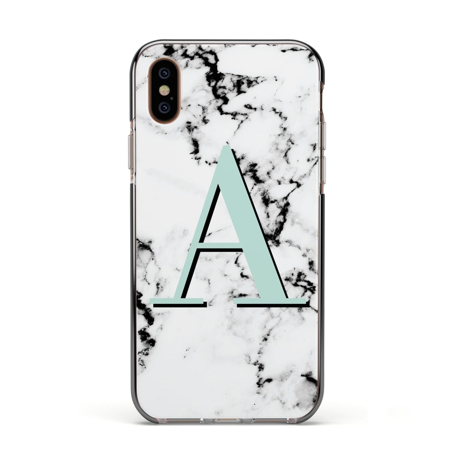 Personalised Mint Single Initial Marble Apple iPhone Xs Impact Case Black Edge on Gold Phone