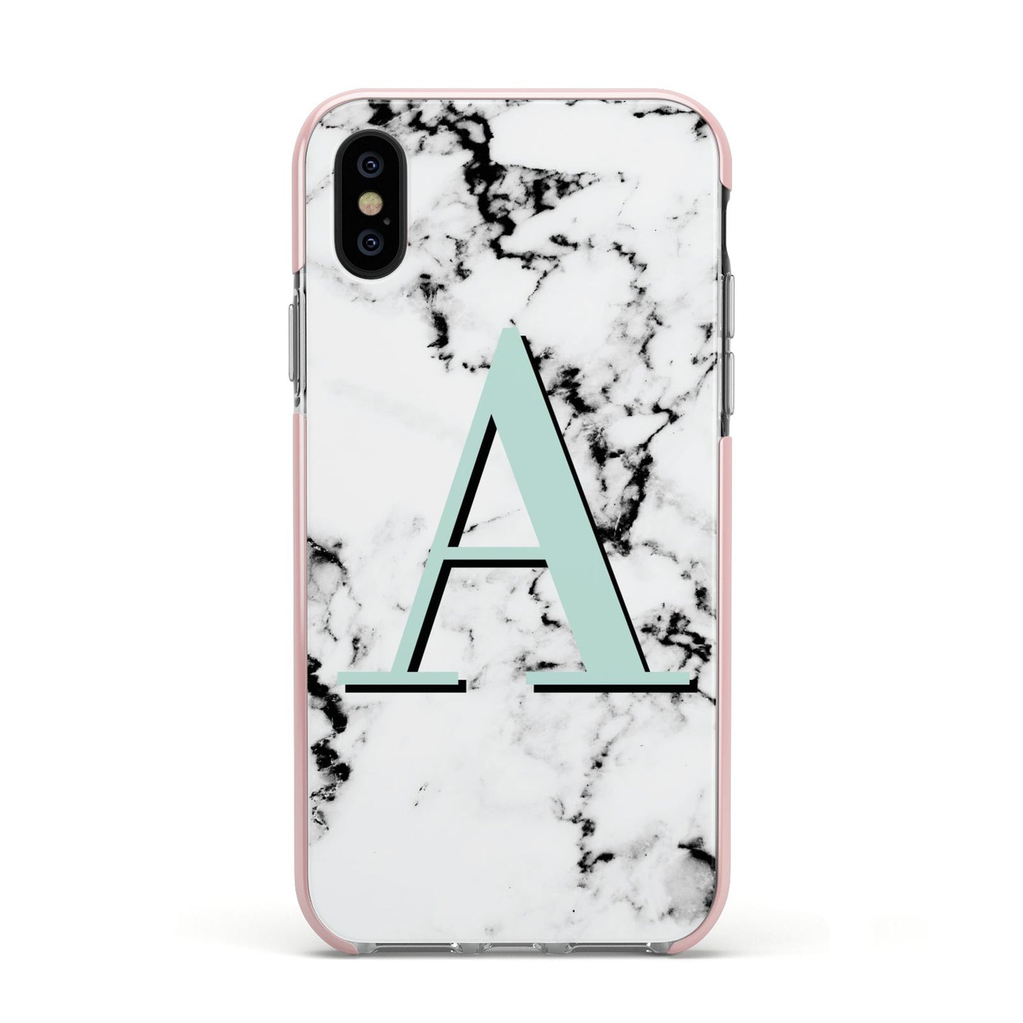 Personalised Mint Single Initial Marble Apple iPhone Xs Impact Case Pink Edge on Black Phone