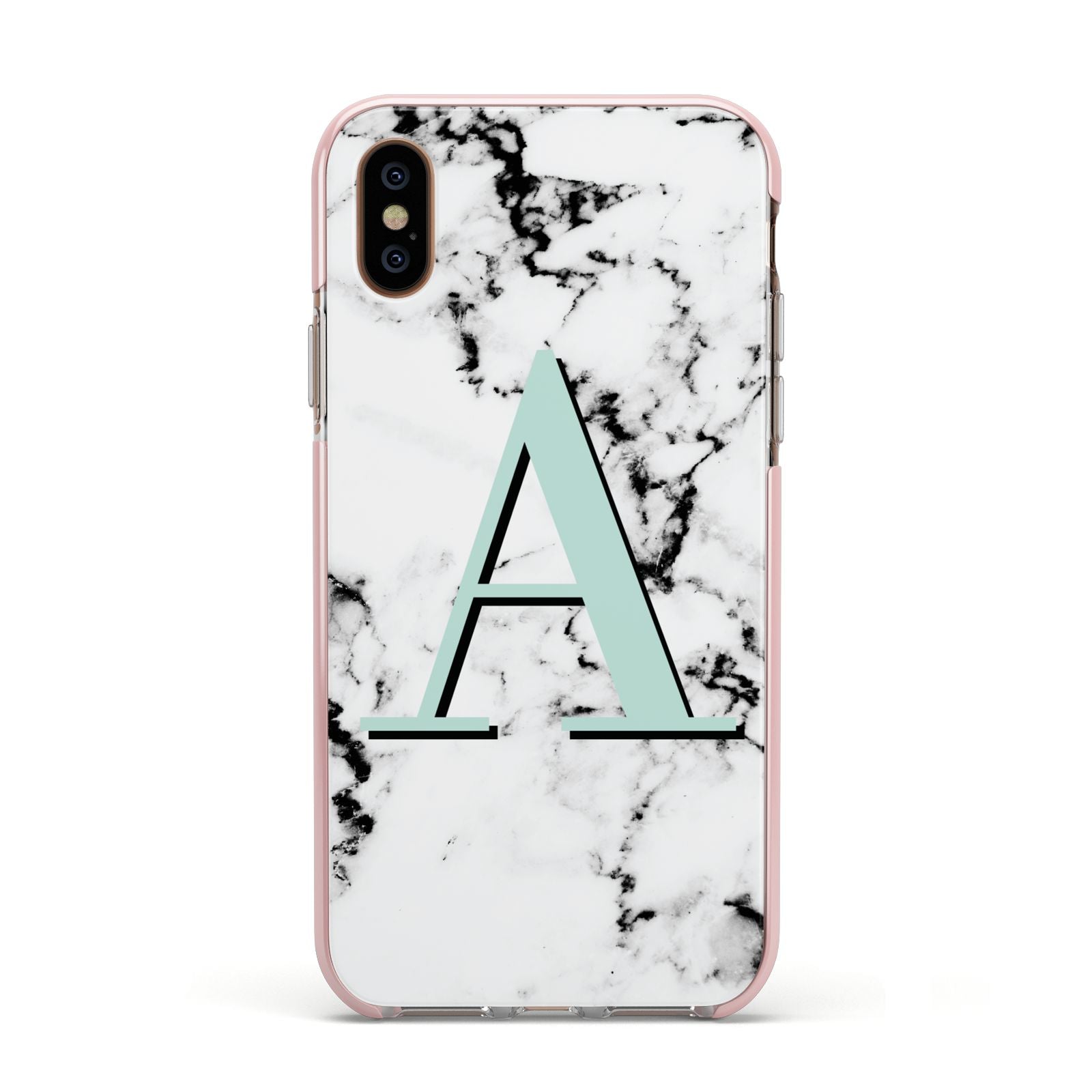 Personalised Mint Single Initial Marble Apple iPhone Xs Impact Case Pink Edge on Gold Phone