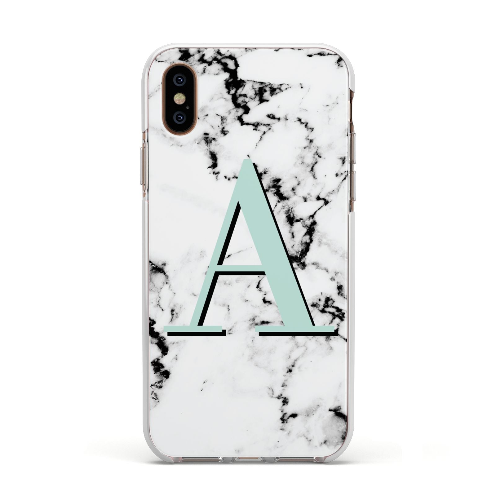 Personalised Mint Single Initial Marble Apple iPhone Xs Impact Case White Edge on Gold Phone