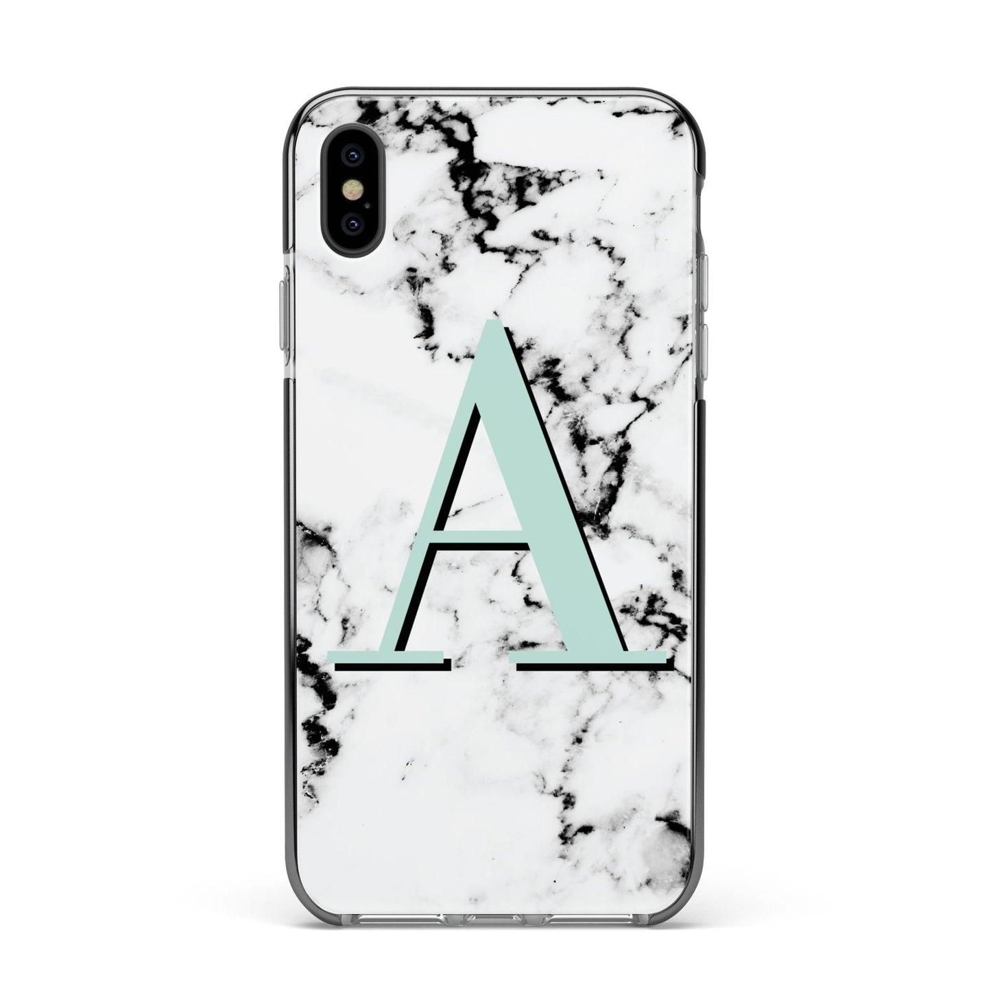 Personalised Mint Single Initial Marble Apple iPhone Xs Max Impact Case Black Edge on Black Phone