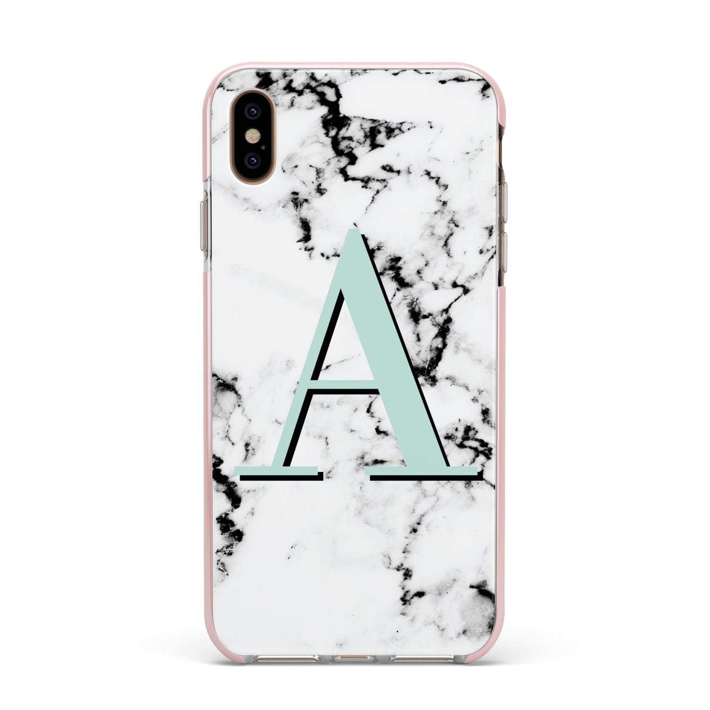 Personalised Mint Single Initial Marble Apple iPhone Xs Max Impact Case Pink Edge on Gold Phone