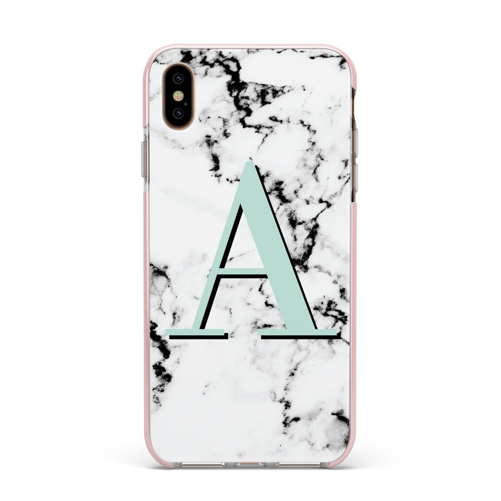 Personalised Mint Single Initial Marble Apple iPhone Xs Max Impact Case Pink Edge on Gold Phone