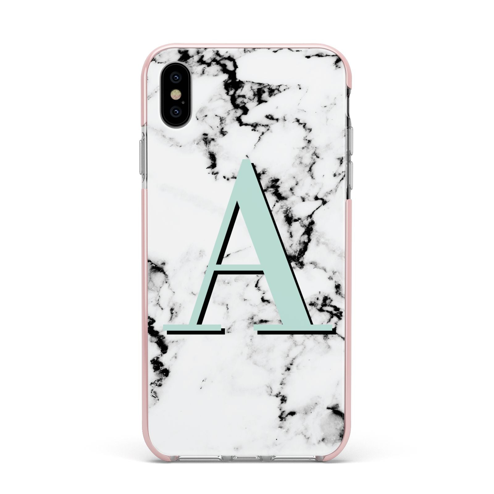 Personalised Mint Single Initial Marble Apple iPhone Xs Max Impact Case Pink Edge on Silver Phone