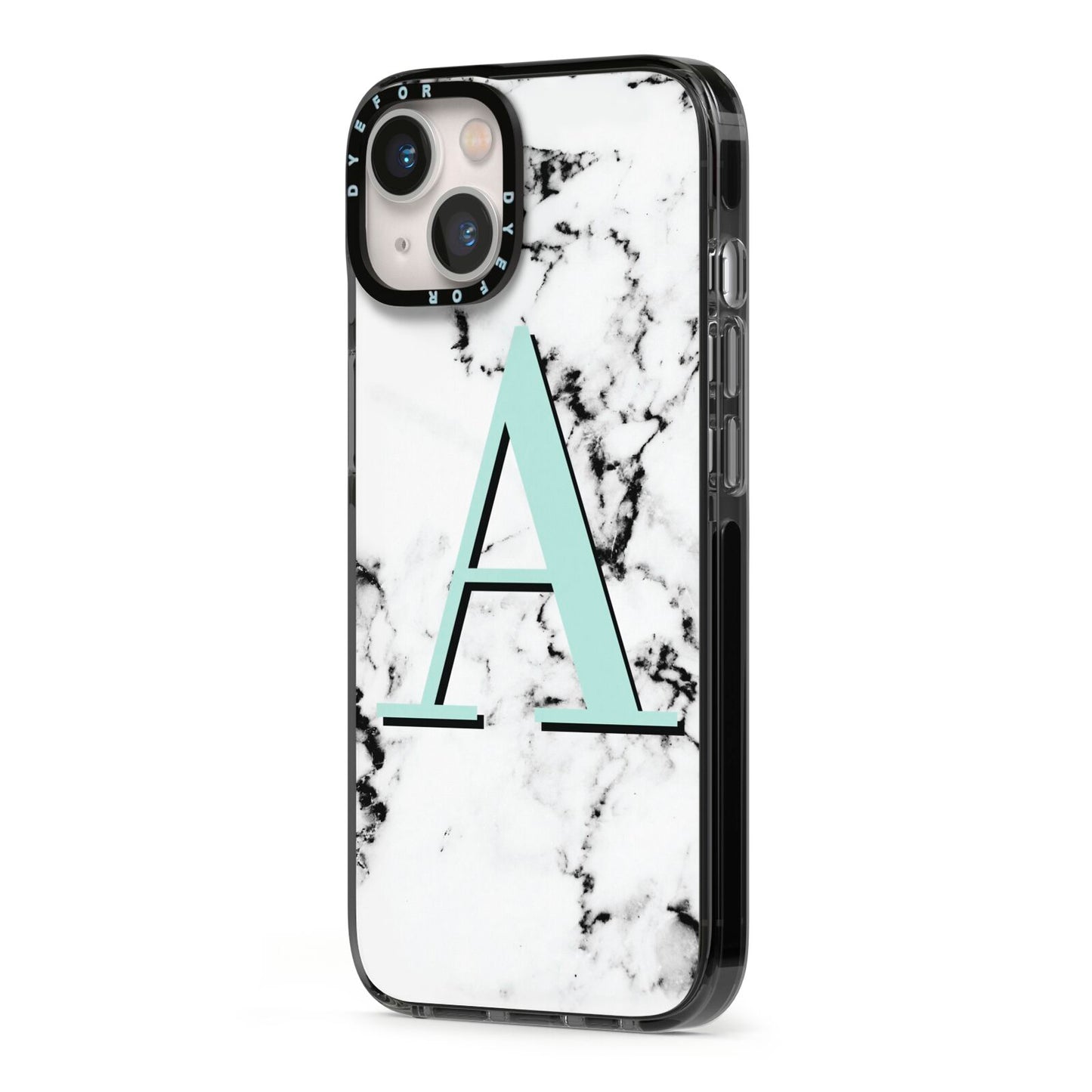 Personalised Mint Single Initial Marble iPhone 13 Black Impact Case Side Angle on Silver phone