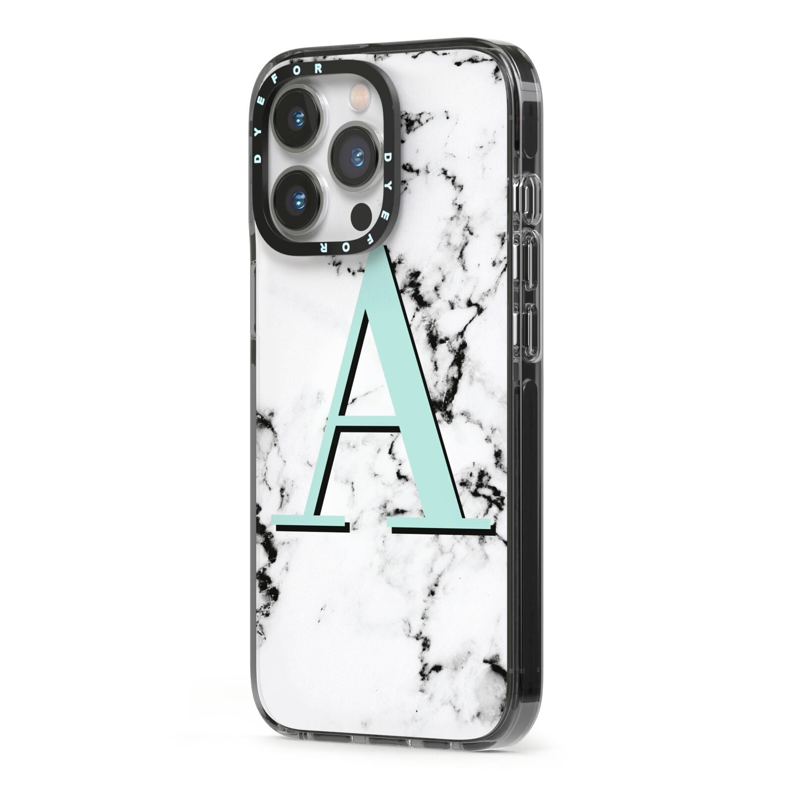 Personalised Mint Single Initial Marble iPhone 13 Pro Black Impact Case Side Angle on Silver phone