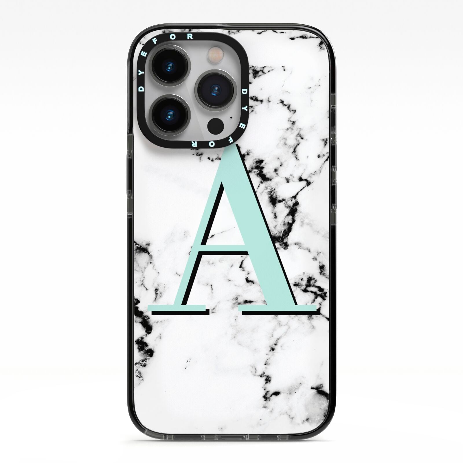 Personalised Mint Single Initial Marble iPhone 13 Pro Black Impact Case on Silver phone