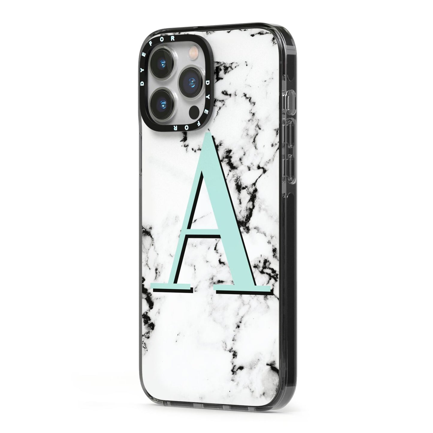 Personalised Mint Single Initial Marble iPhone 13 Pro Max Black Impact Case Side Angle on Silver phone