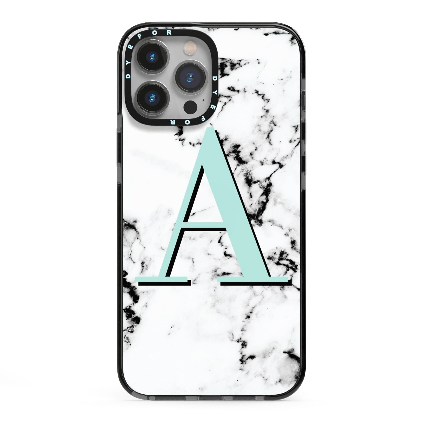 Personalised Mint Single Initial Marble iPhone 13 Pro Max Black Impact Case on Silver phone