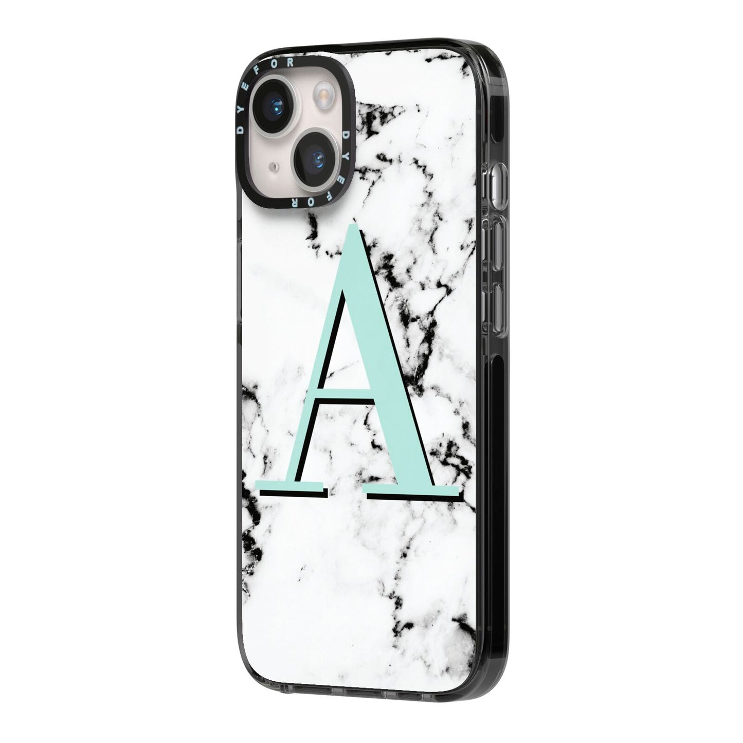 Personalised Mint Single Initial Marble iPhone 14 Black Impact Case Side Angle on Silver phone