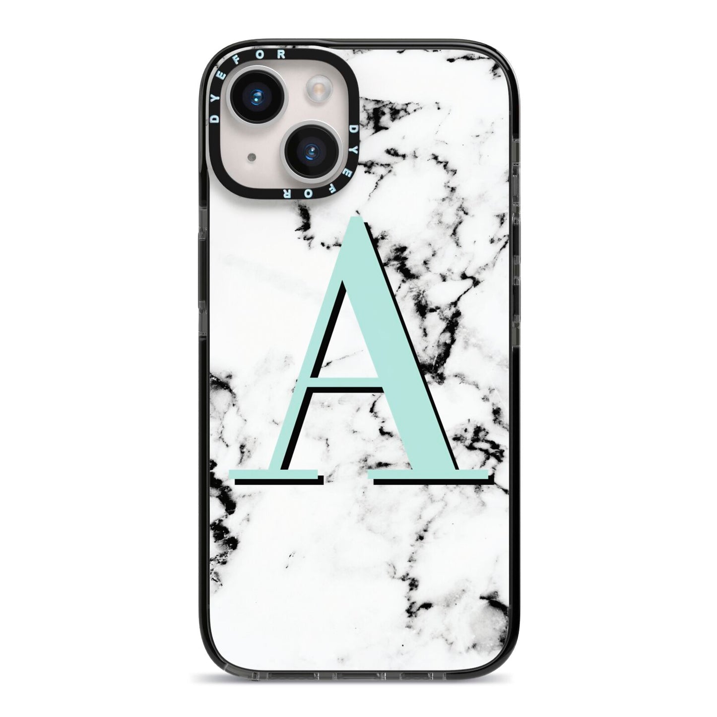 Personalised Mint Single Initial Marble iPhone 14 Black Impact Case on Silver phone