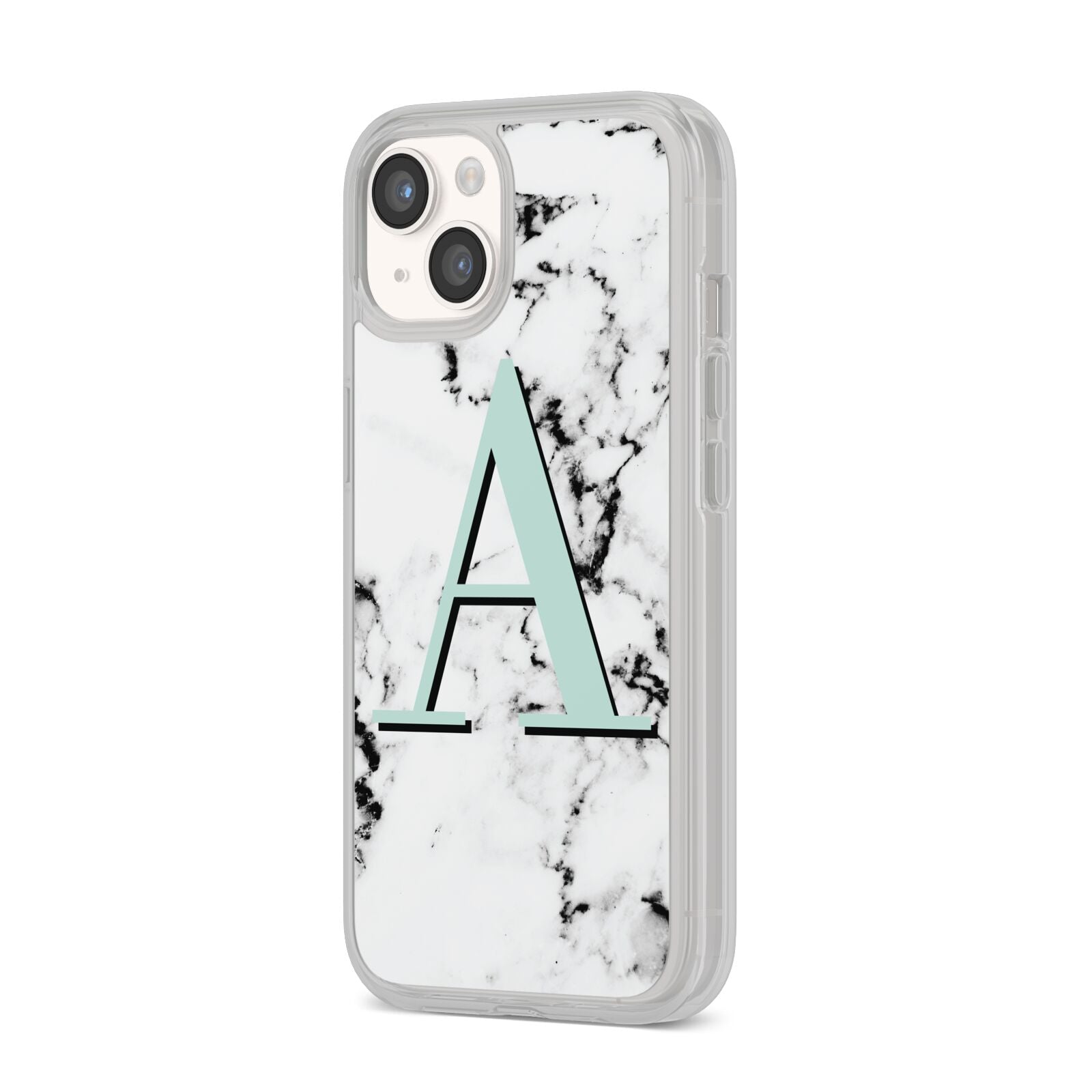 Personalised Mint Single Initial Marble iPhone 14 Clear Tough Case Starlight Angled Image