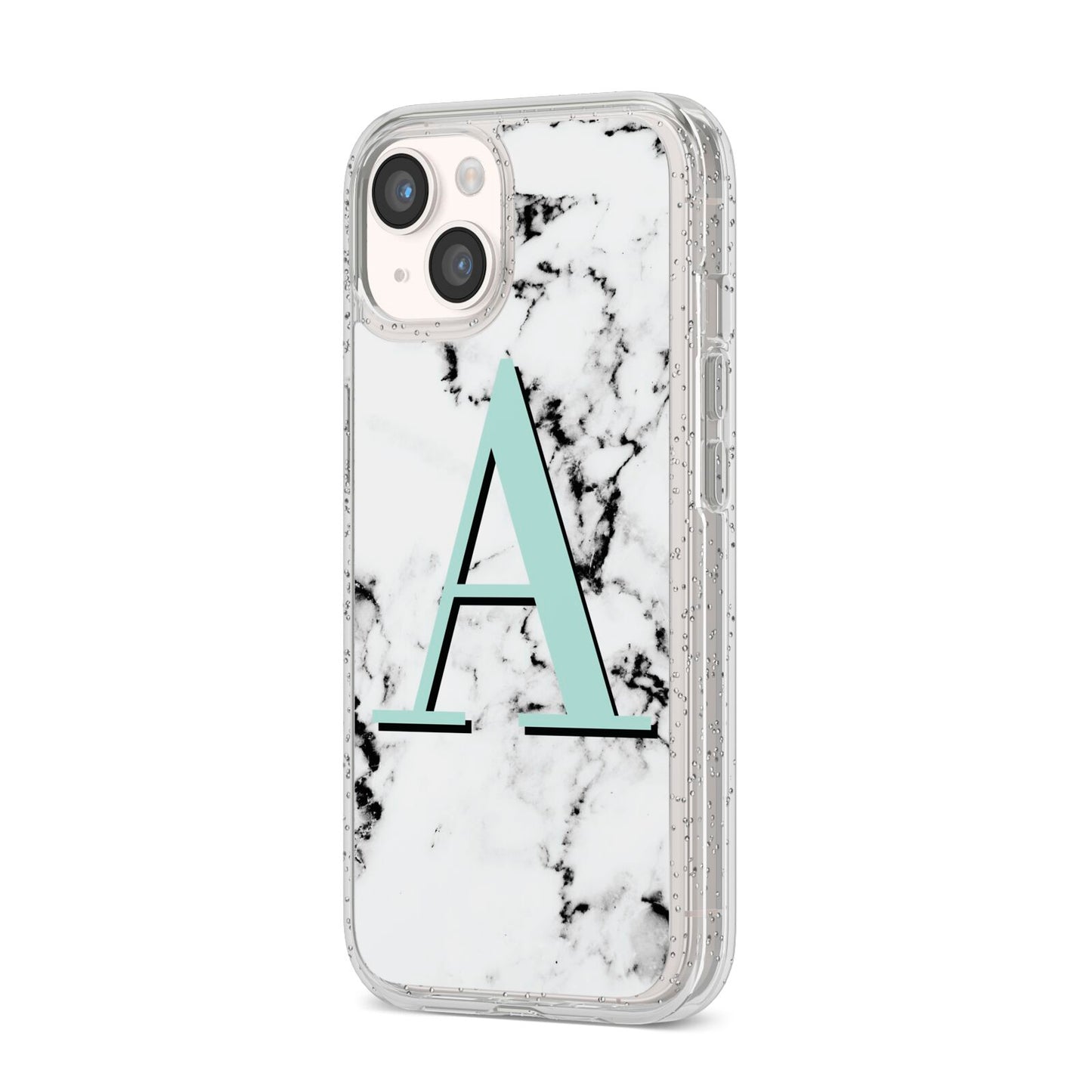 Personalised Mint Single Initial Marble iPhone 14 Glitter Tough Case Starlight Angled Image