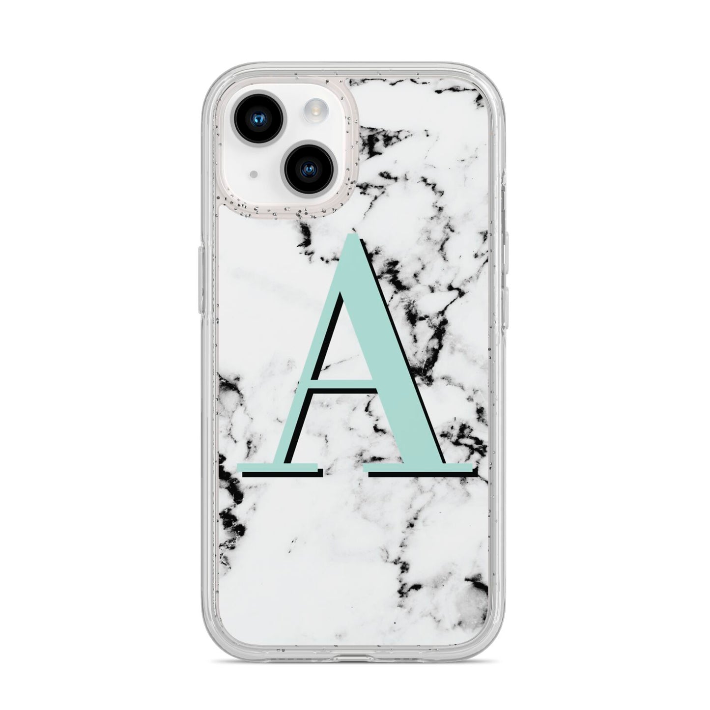 Personalised Mint Single Initial Marble iPhone 14 Glitter Tough Case Starlight