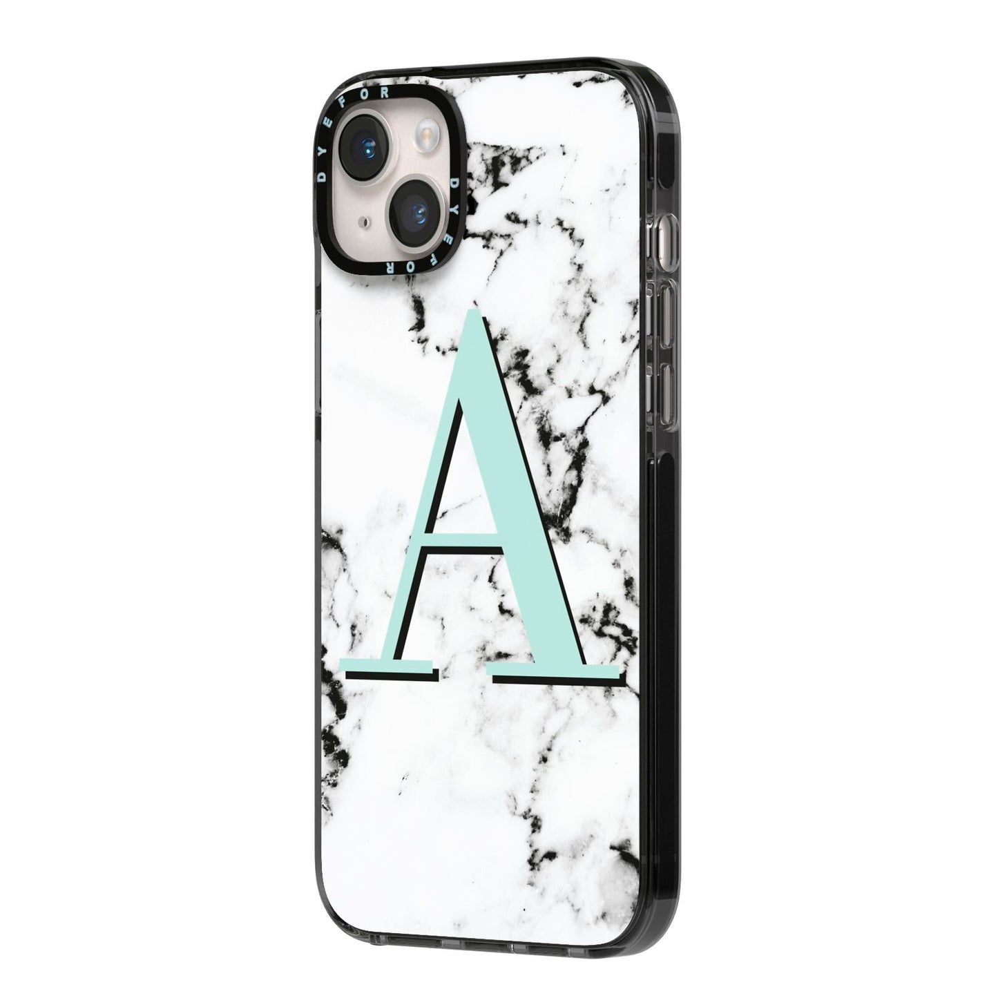 Personalised Mint Single Initial Marble iPhone 14 Plus Black Impact Case Side Angle on Silver phone