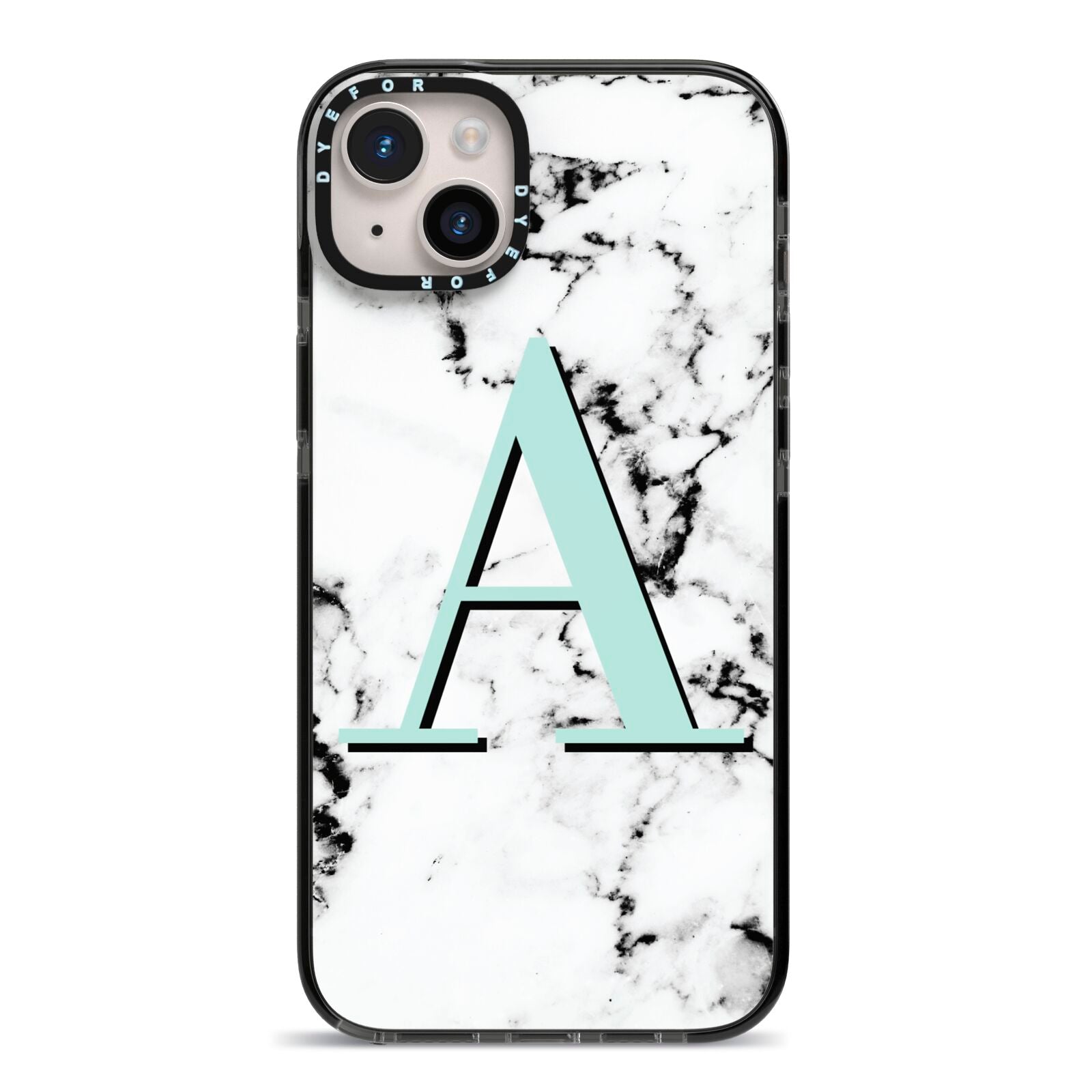 Personalised Mint Single Initial Marble iPhone 14 Plus Black Impact Case on Silver phone