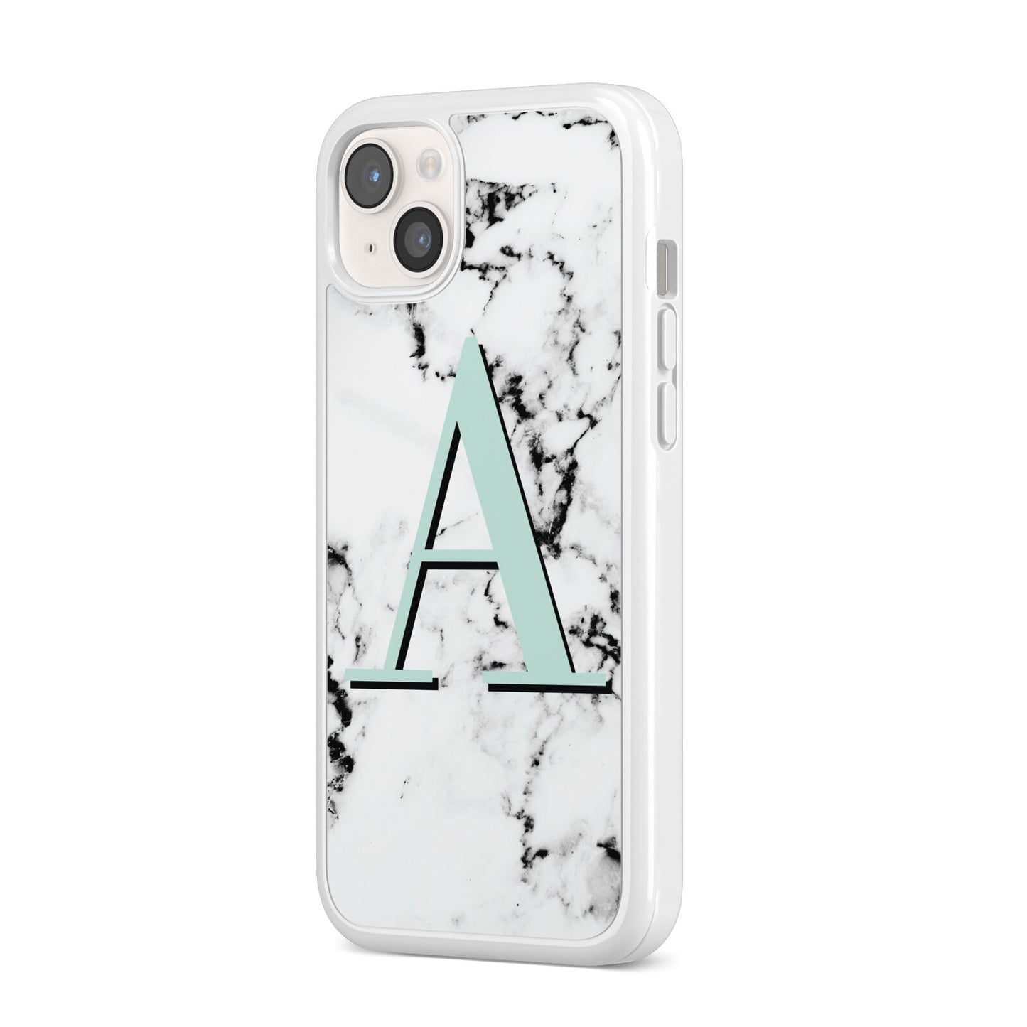 Personalised Mint Single Initial Marble iPhone 14 Plus Clear Tough Case Starlight Angled Image