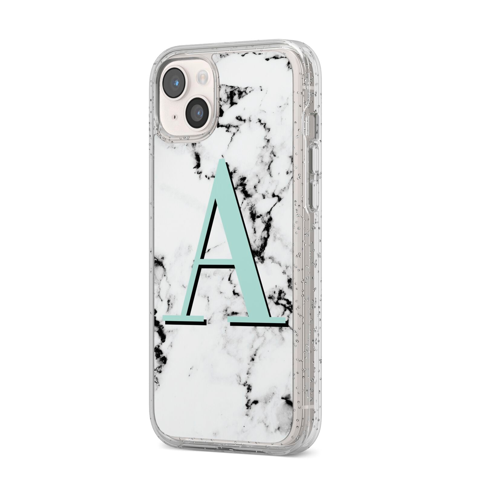 Personalised Mint Single Initial Marble iPhone 14 Plus Glitter Tough Case Starlight Angled Image