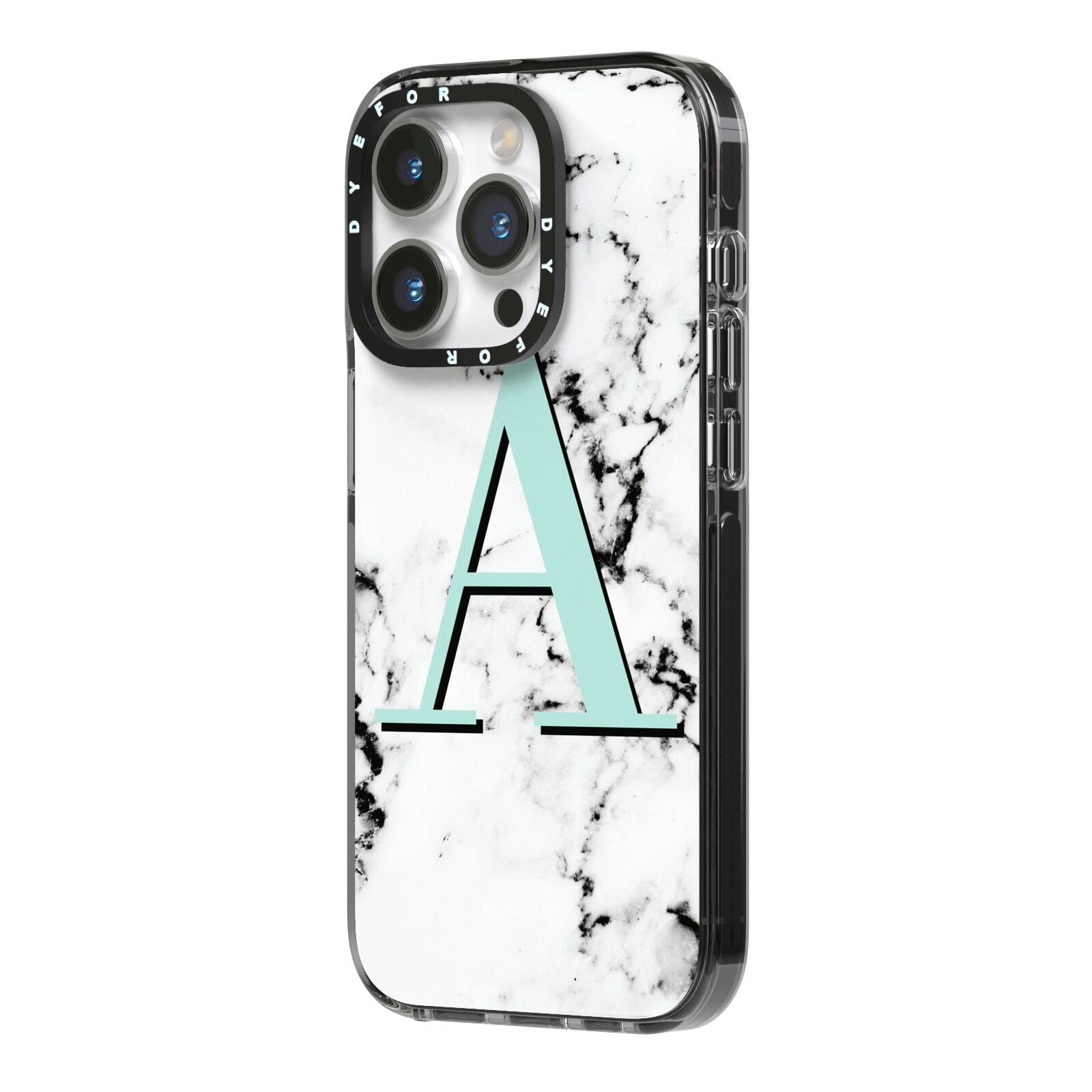 Personalised Mint Single Initial Marble iPhone 14 Pro Black Impact Case Side Angle on Silver phone