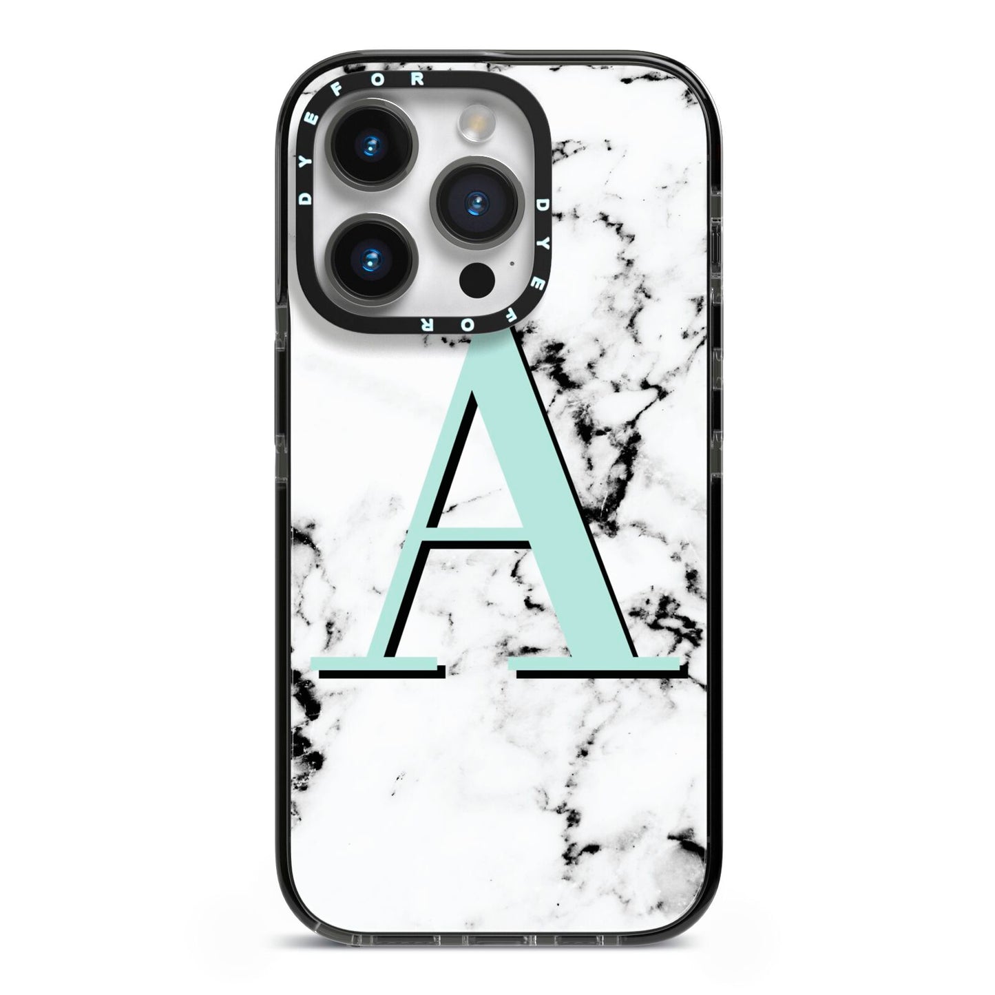 Personalised Mint Single Initial Marble iPhone 14 Pro Black Impact Case on Silver phone