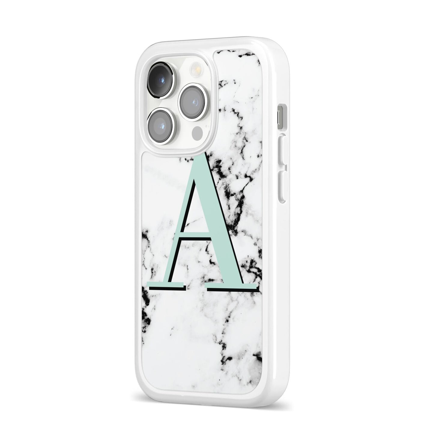 Personalised Mint Single Initial Marble iPhone 14 Pro Clear Tough Case Silver Angled Image