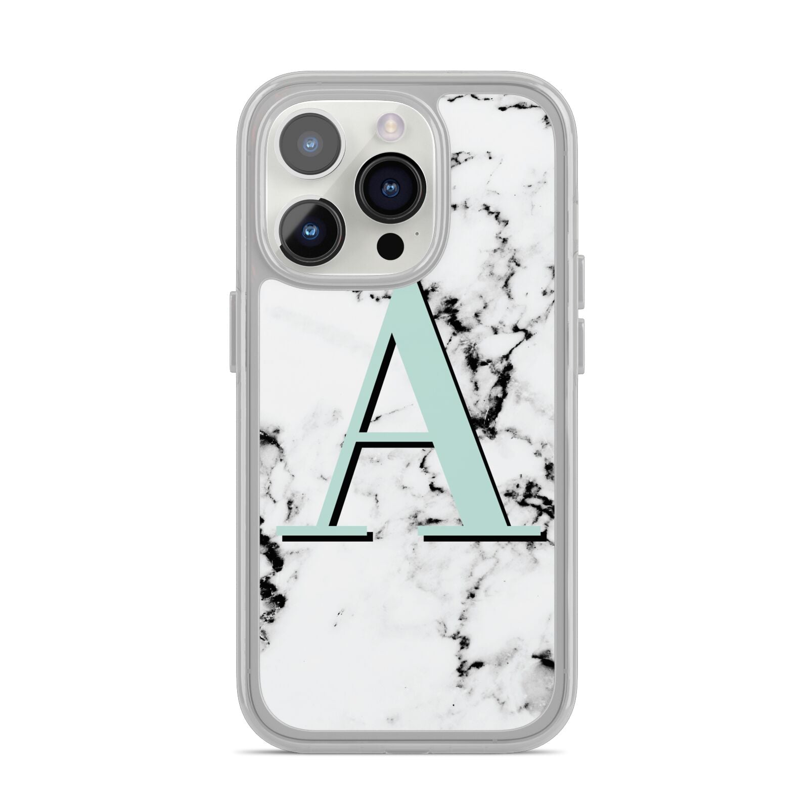 Personalised Mint Single Initial Marble iPhone 14 Pro Clear Tough Case Silver