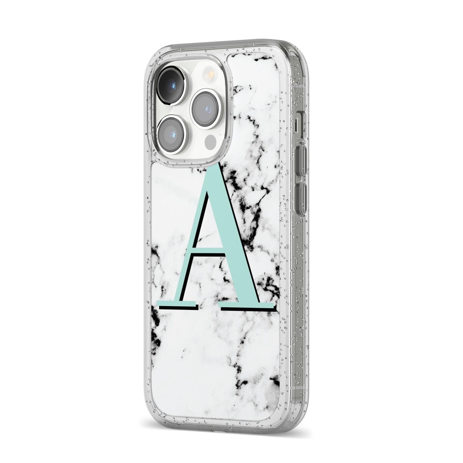 Personalised Mint Single Initial Marble iPhone 14 Pro Glitter Tough Case Silver Angled Image